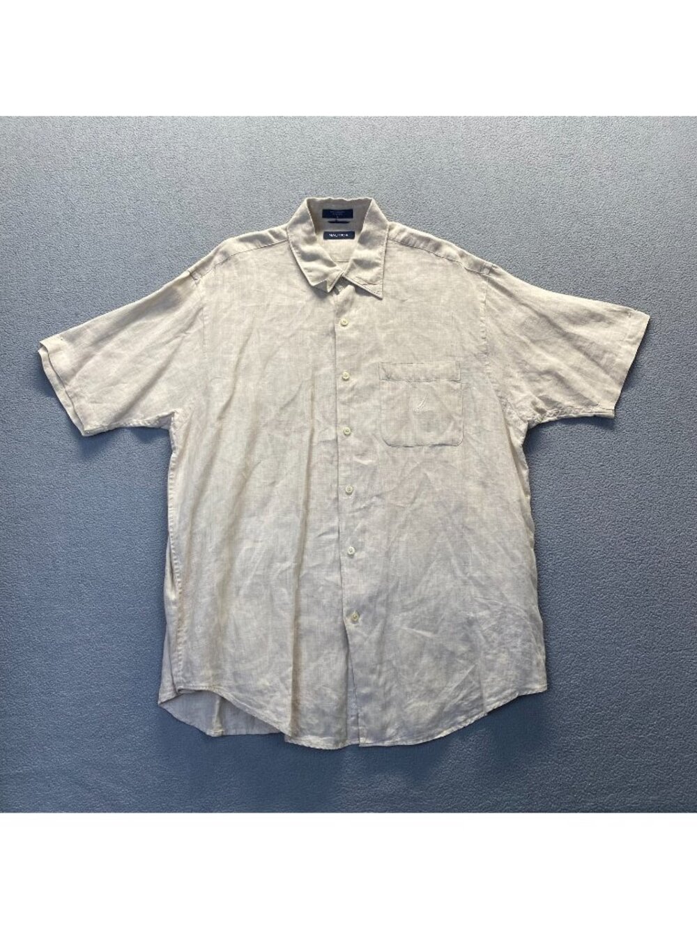 Nautica 100% Linen Mens Shirt Short Sleeve Size Large Dry Clean Buttons Pocket